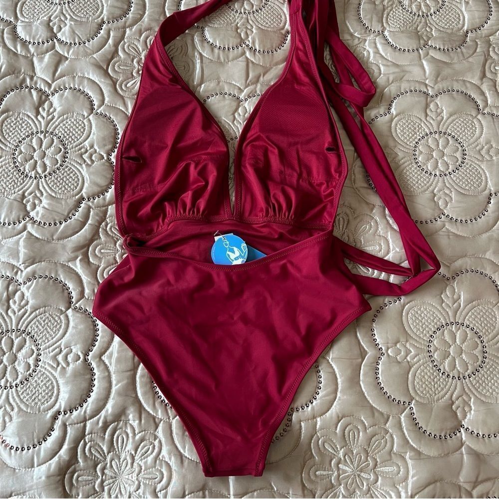 CUPSHE One Piece Swimsuit Deep V Neck Tie Waist Crisscross Back NEW Size Small - Picture 9 of 11